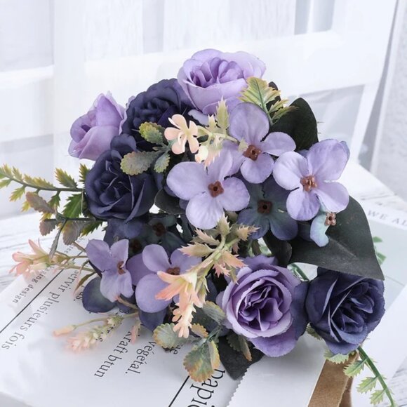 Artificial Dark Deep Purple Flower Arrangment Decoration Rose Bouquet DIY Home - Picture 1 of 4